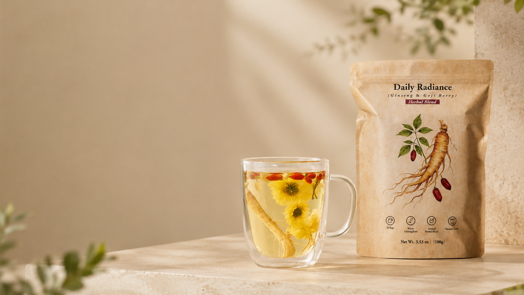 Yuanqi Tea product with tea cup and herbs